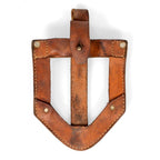 Front view of original brown Yugoslavian JNA leather shovel cover with brass stud strap