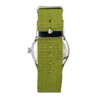 Rear view of the green military webbing strap and buckle on the Ailager British ATP Service Watch