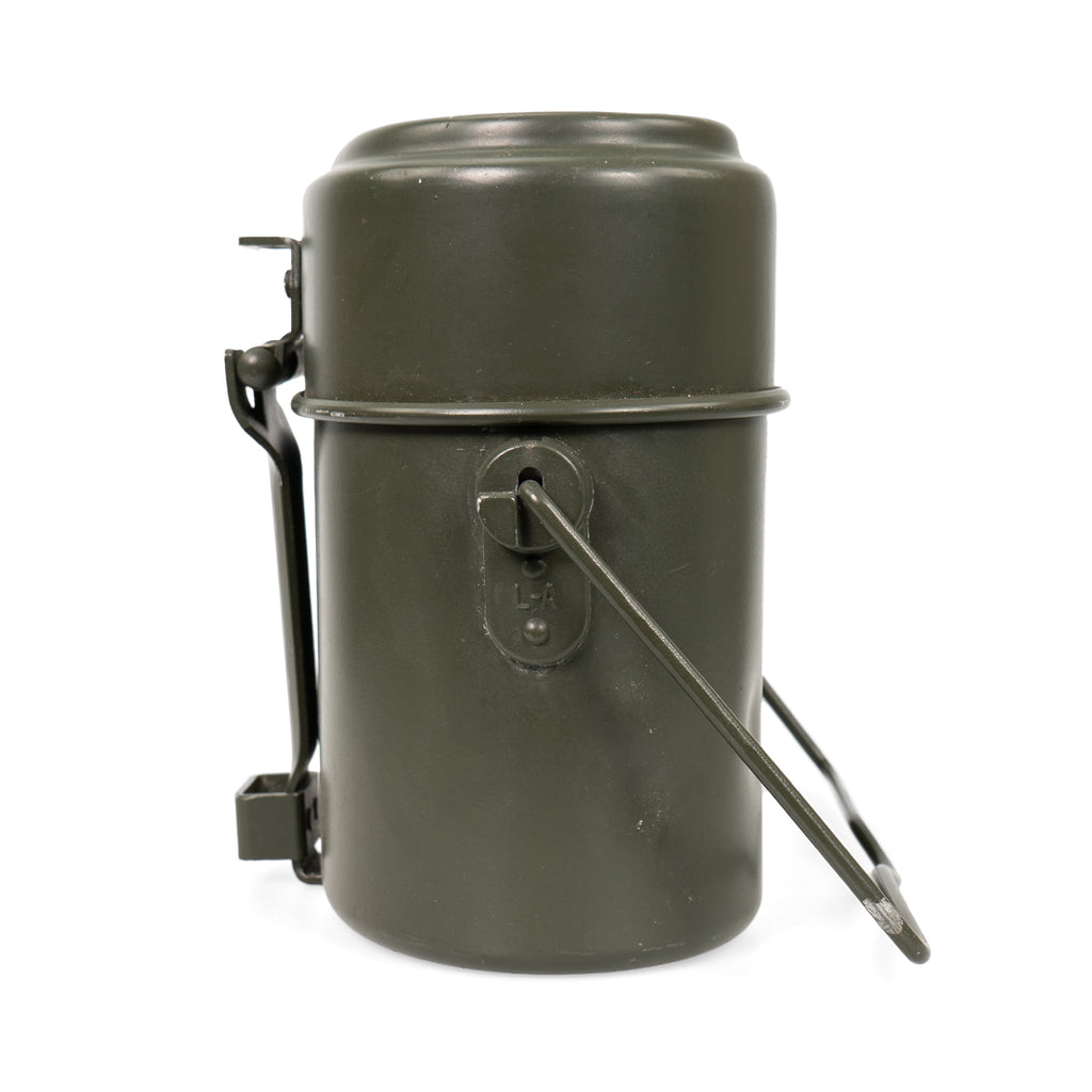 Side profile of the Austrian Army mess kit with the steel wire bale handle extended and the locking mechanism clearly visible.