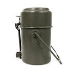 Side profile of the Austrian Army mess kit with the steel wire bale handle extended and the locking mechanism clearly visible.