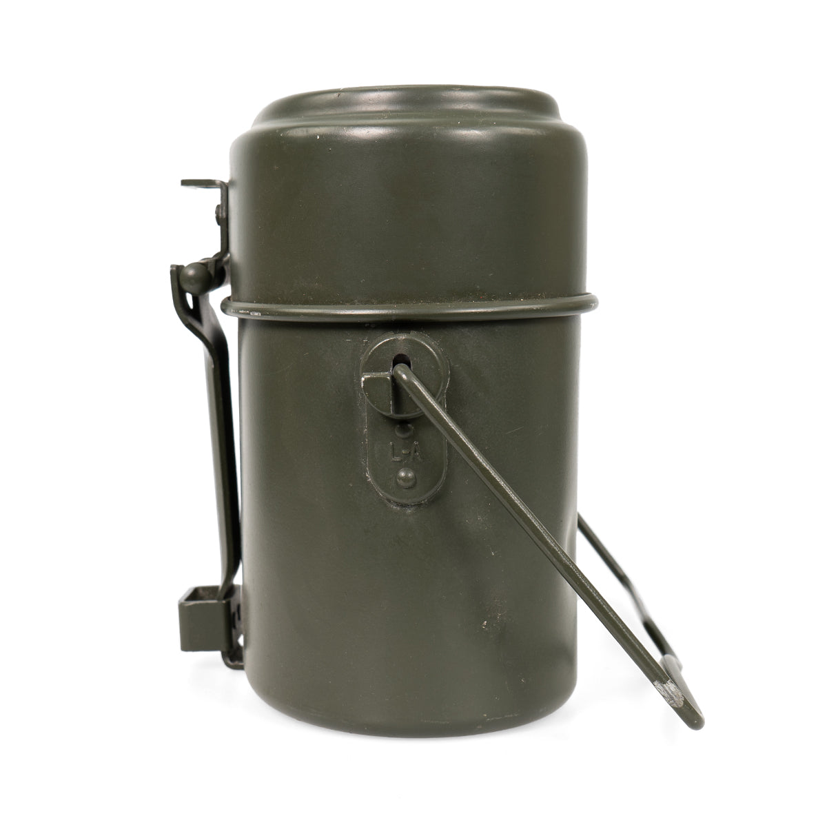 Side profile of the Austrian Army mess kit with the steel wire bale handle extended and the locking mechanism clearly visible.