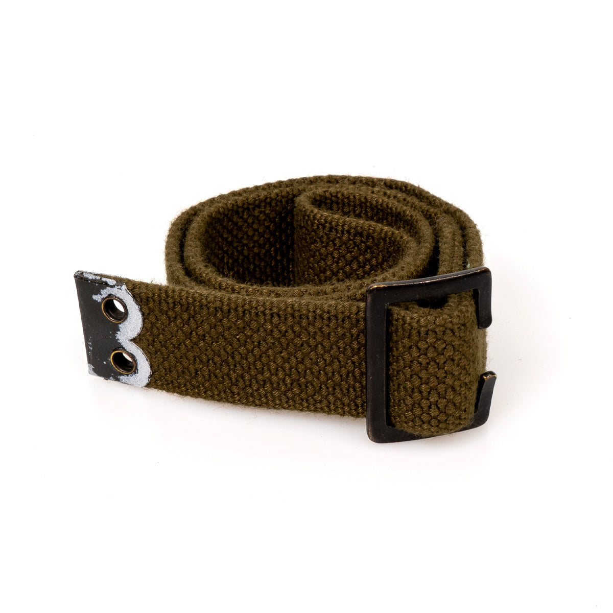Rolled 65cm British Army canvas strap in olive drab, showing the durable cotton material and sturdy metal buckle and eyelet end.