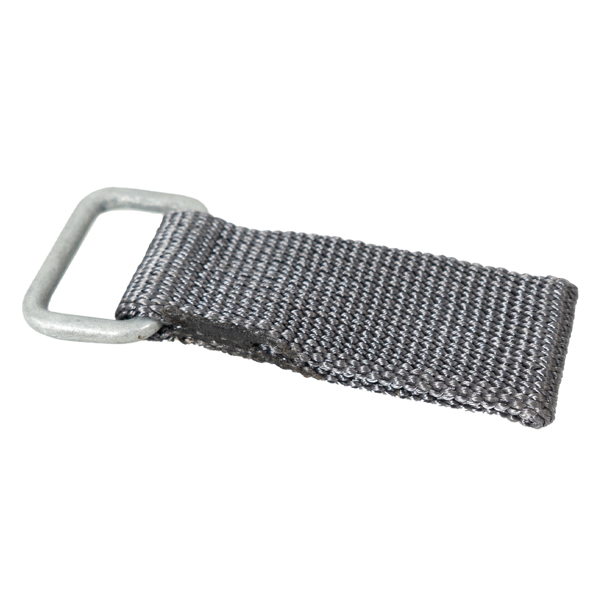 A single DDR Koppelschlaufen belt keeper angled to show the folded, heavy-duty stitching and galvanized steel hardware.