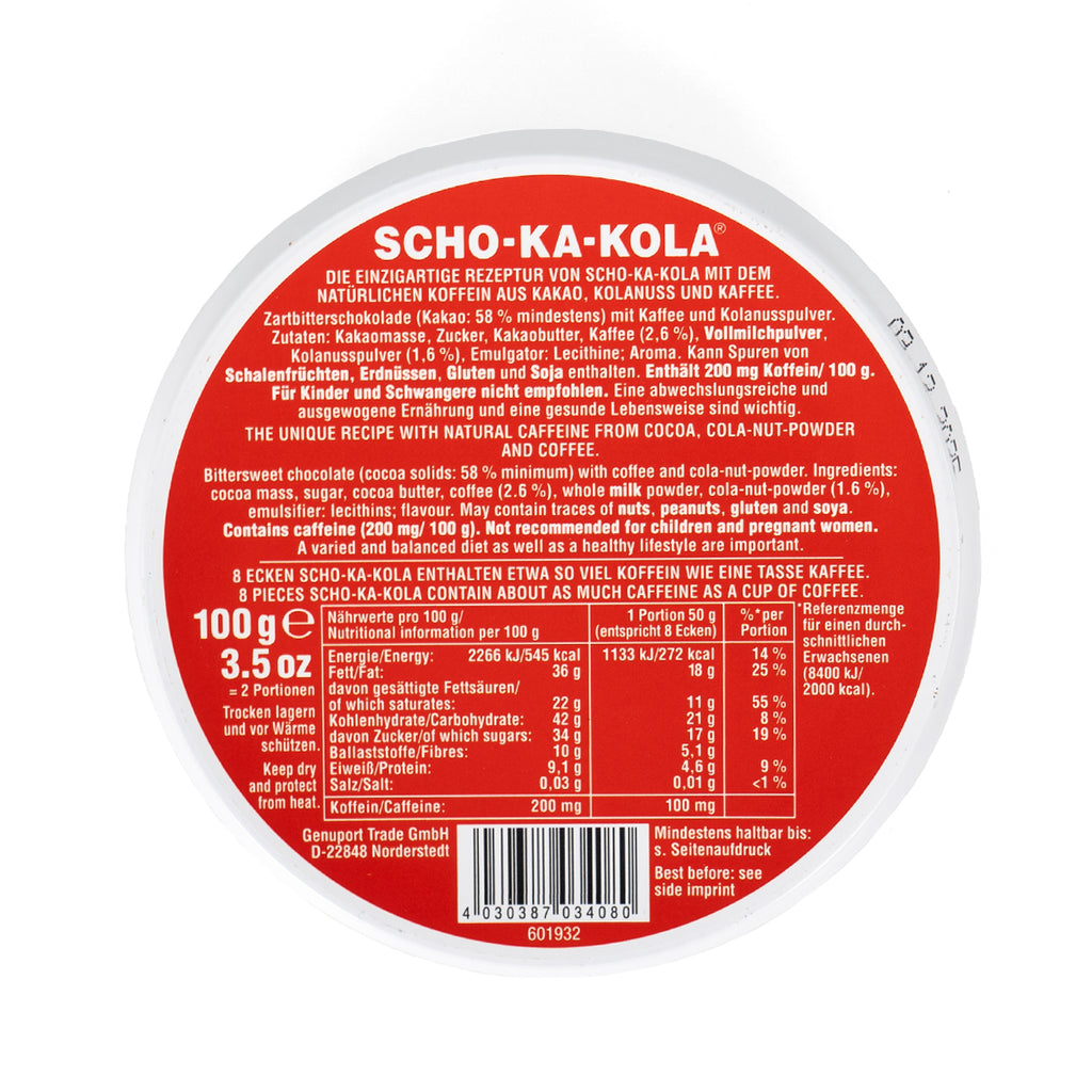 The underside of a Scho-Ka-Kola dark chocolate tin, displaying nutritional facts, ingredients, and caffeine content details.