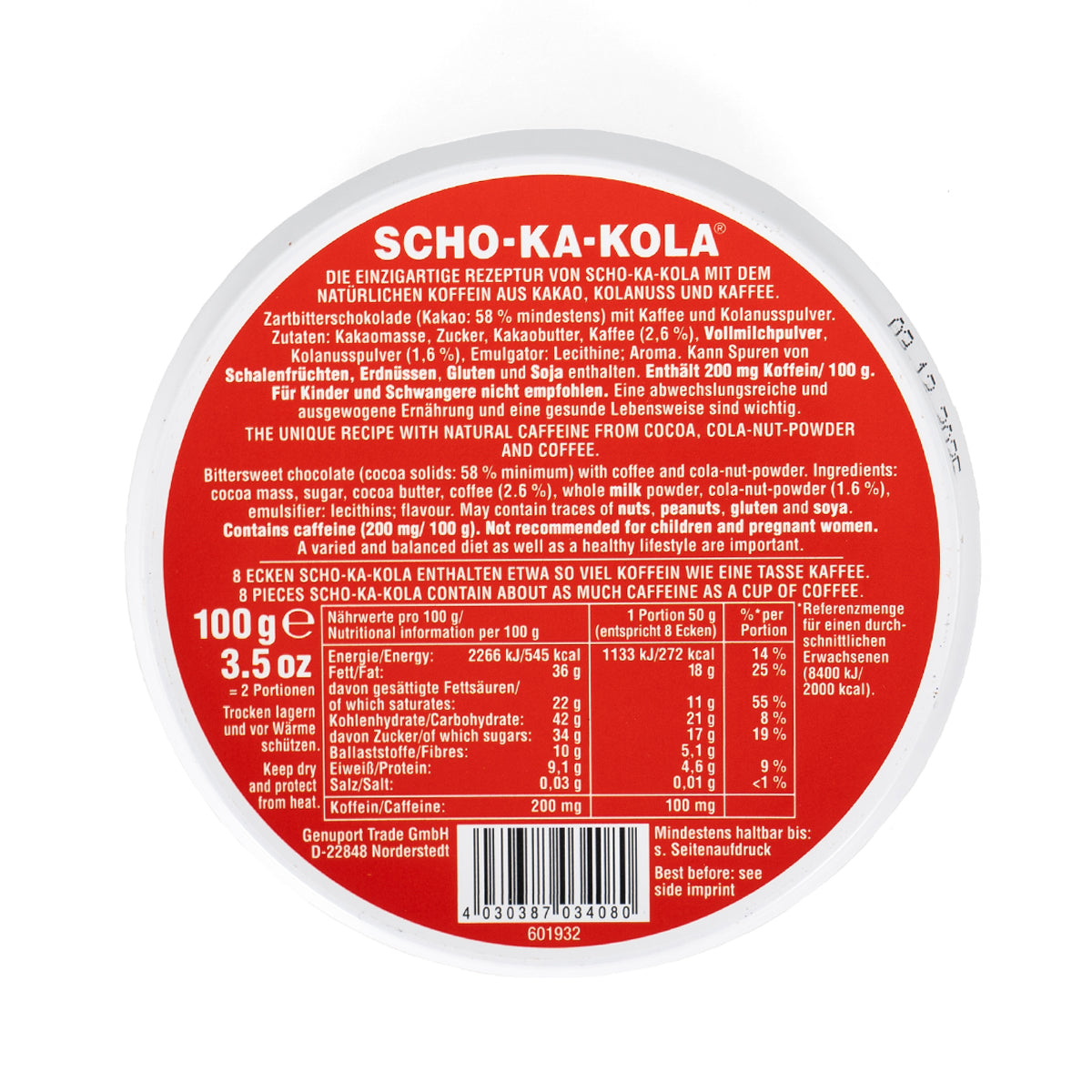 The underside of a Scho-Ka-Kola dark chocolate tin, displaying nutritional facts, ingredients, and caffeine content details.