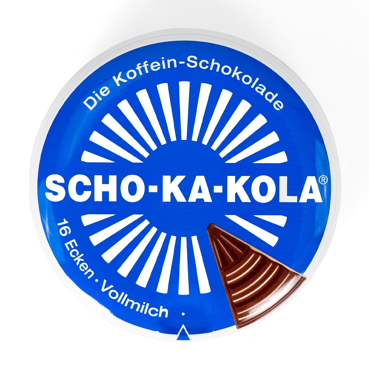 Top-down view of the blue and white Scho-Ka-Kola caffeine chocolate tin lid with 16-wedge design.