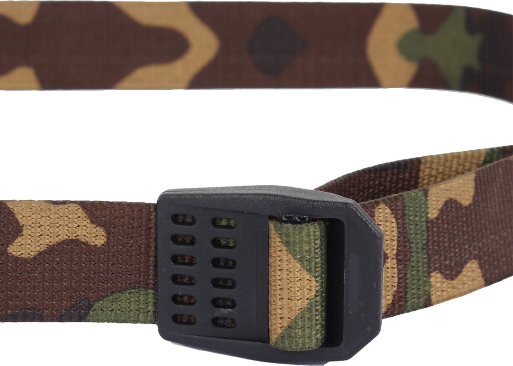 Close-up of a Dutch woodland camo nylon strap featuring a textured black plastic buckle.