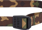 Close-up of a Dutch woodland camo nylon strap featuring a textured black plastic buckle.