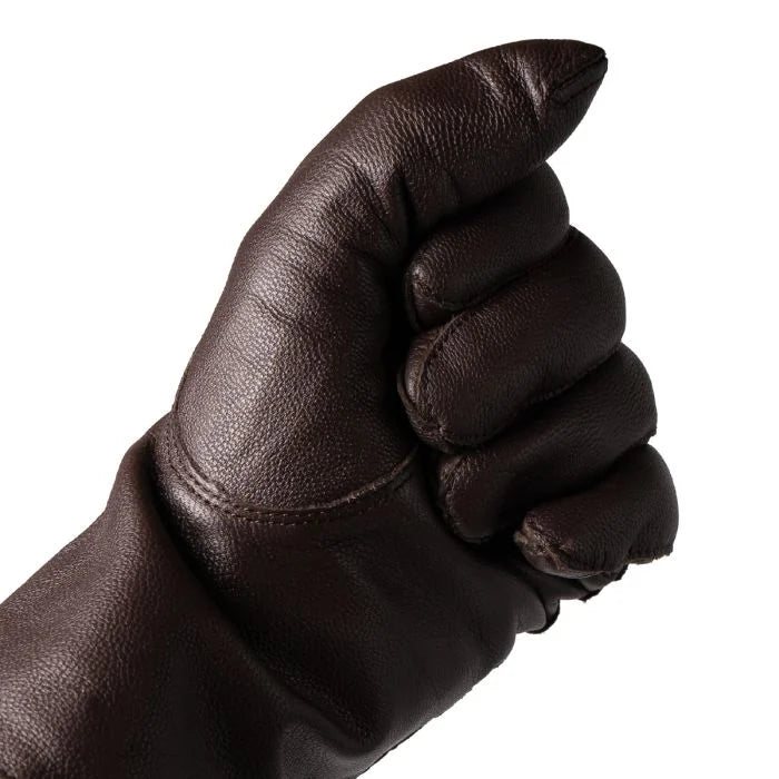 Flexible dark brown Dutch Army unlined glove on hand forming a fist to demonstrate leather suppleness
