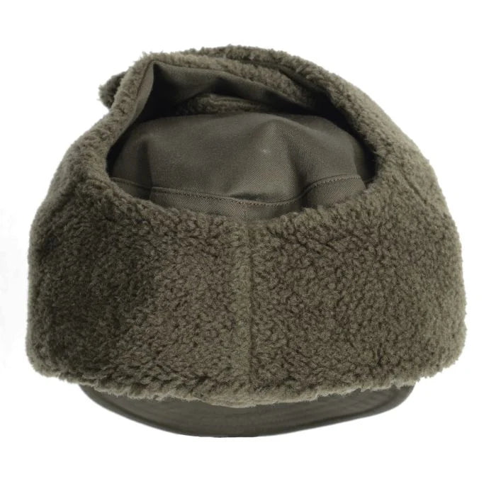 Rear view of Austrian military winter hat showing thick plush fleece lining on folded ear flap