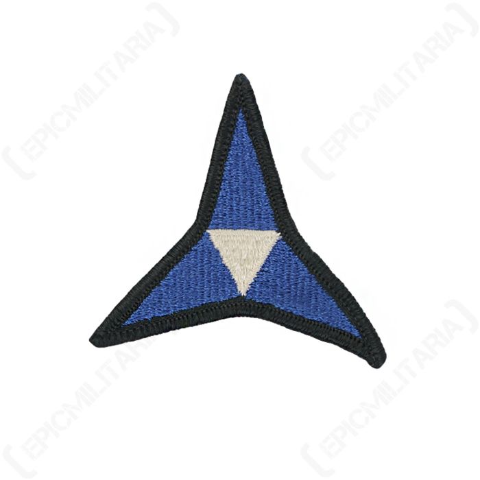 Front view of blue and white embroidered US III Corps caltrop patch