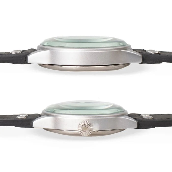 Side profiles showing the slim matte alloy case profile and 7mm fluted onion winder crown