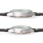 Side profiles showing the slim matte alloy case profile and 7mm fluted onion winder crown
