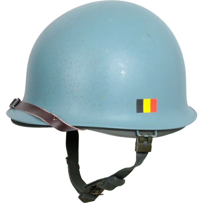 Side view of Belgian issue United Nations M1 blue steel helmet with tricolour decal