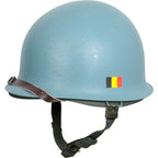 Side view of Belgian issue United Nations M1 blue steel helmet with tricolour decal