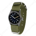 Three-quarter perspective of the US military 1966 pattern field watch showing buckle