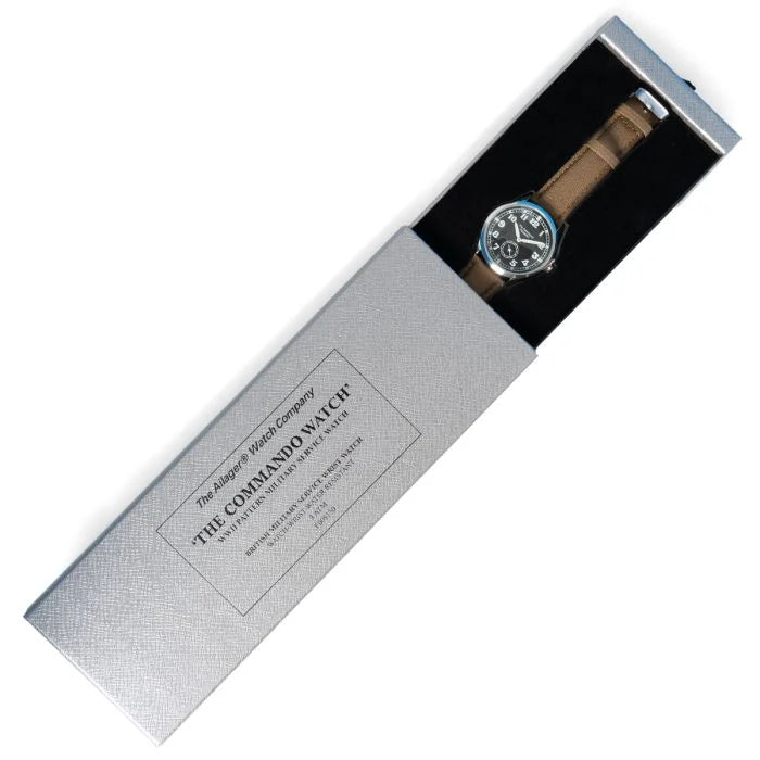 Ailager Commando British Army watch displayed in open silver slide-out presentation box