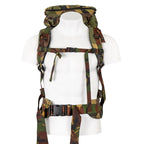 Padded shoulder straps, sternum strap, and adjustable hip belt with plastic quick-release buckle on a mannequin.
