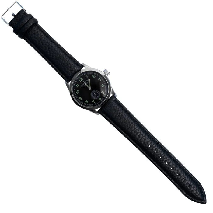 Full length front view of the German Army service watch laid flat with black textured PU strap
