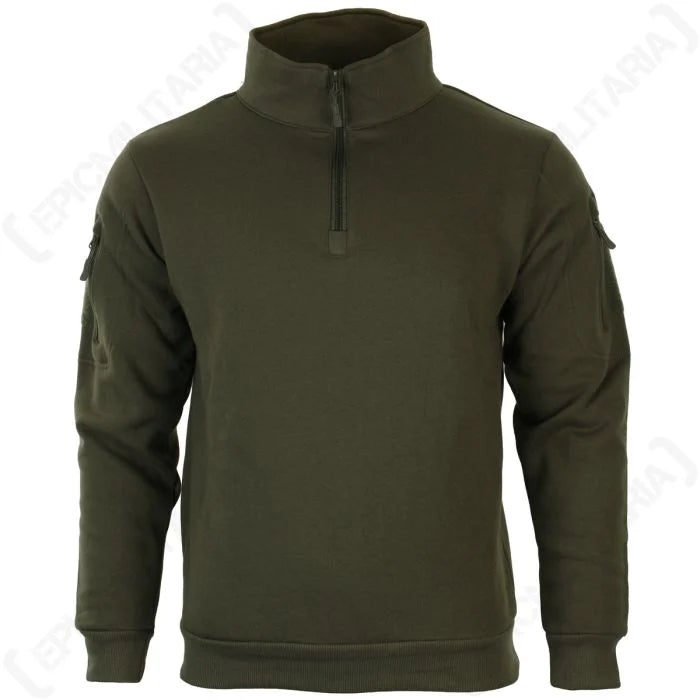Mil-Tec Tactical Sweatshirt with zipper in olive green, featuring a high collar, ribbed cuffs, and sleeve utility pockets.