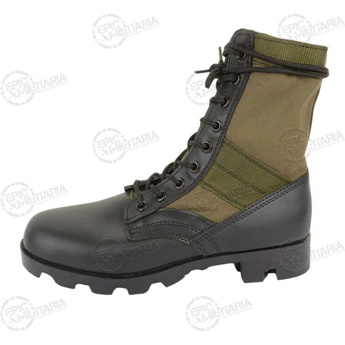 Lateral side profile of Rothco jungle boot displaying canvas upper and leather toe cap