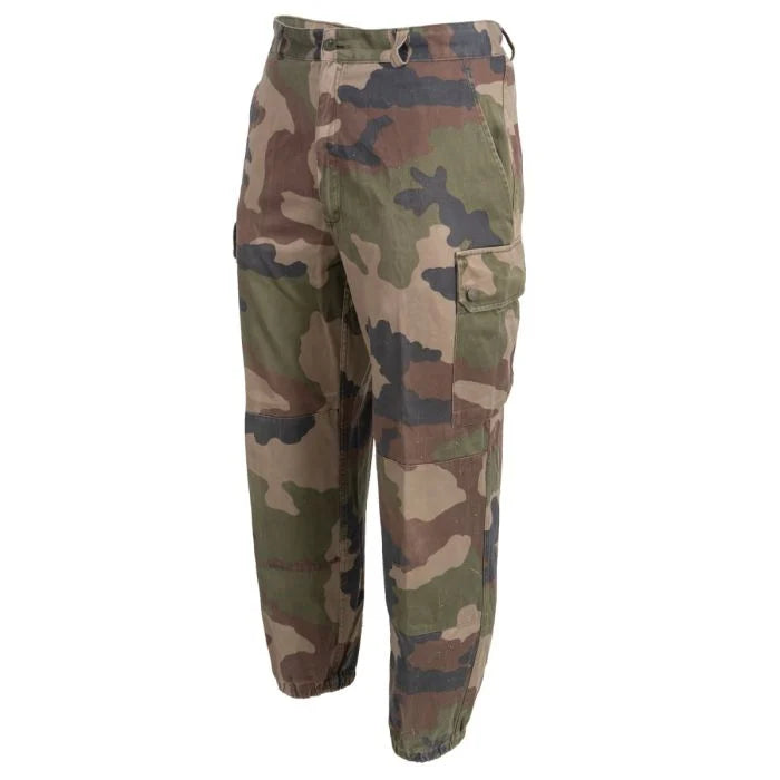 Three-quarter angled view of French Army F2 combat trousers in CCE woodland camo