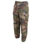 Three-quarter angled view of French Army F2 combat trousers in CCE woodland camo