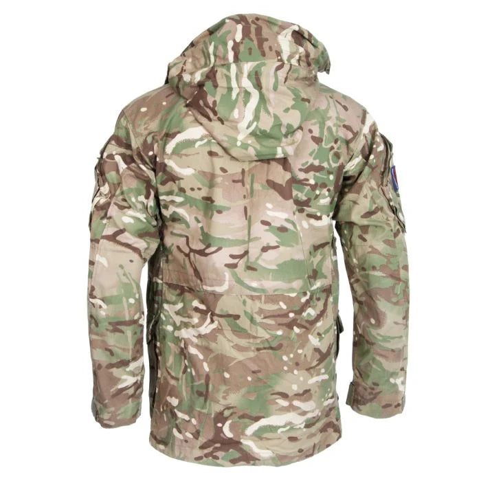 Rear view of British Army MTP windproof combat jacket showing camouflage pattern and hood profile