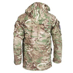 Rear view of British Army MTP windproof combat jacket showing camouflage pattern and hood profile