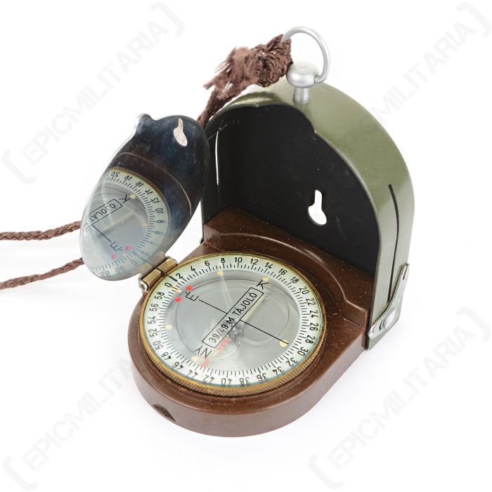 Open Hungarian army compass showing dial, Bakelite base, and internal sighting mirror