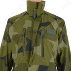 Close up view of Swedish Army M90 jacket high collar and zip storm flap closure