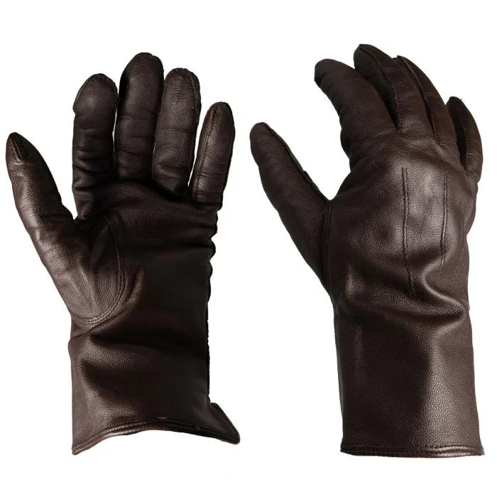 Pair of original Dutch Army unlined brown leather gloves showing palm and back details with classic three-point stitching