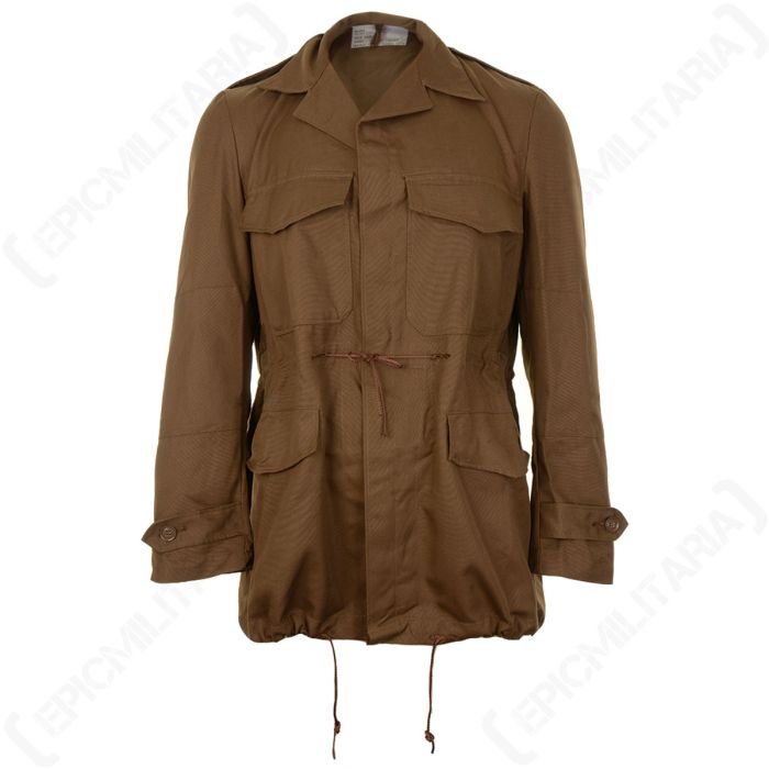 Front view of original South African SADF Nutria Summer Bush Jacket with four cargo pockets and waist cinch