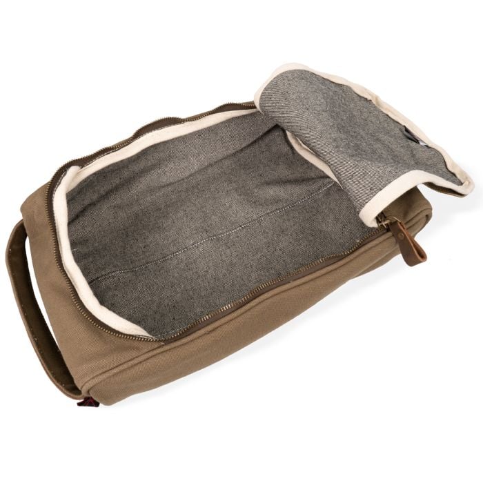 Open Rothco Canvas Shoe Bag showing interior denim lining and divider pouch