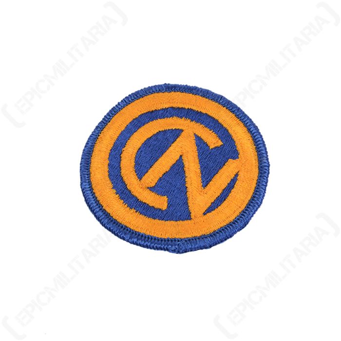 Angled front view of circular US 102nd Infantry Division embroidered shoulder sleeve insignia