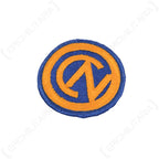 Angled front view of circular US 102nd Infantry Division embroidered shoulder sleeve insignia