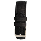Detail of the adjustable black canvas watch strap showing the sturdy construction and metallic silver-tone pin buckle.