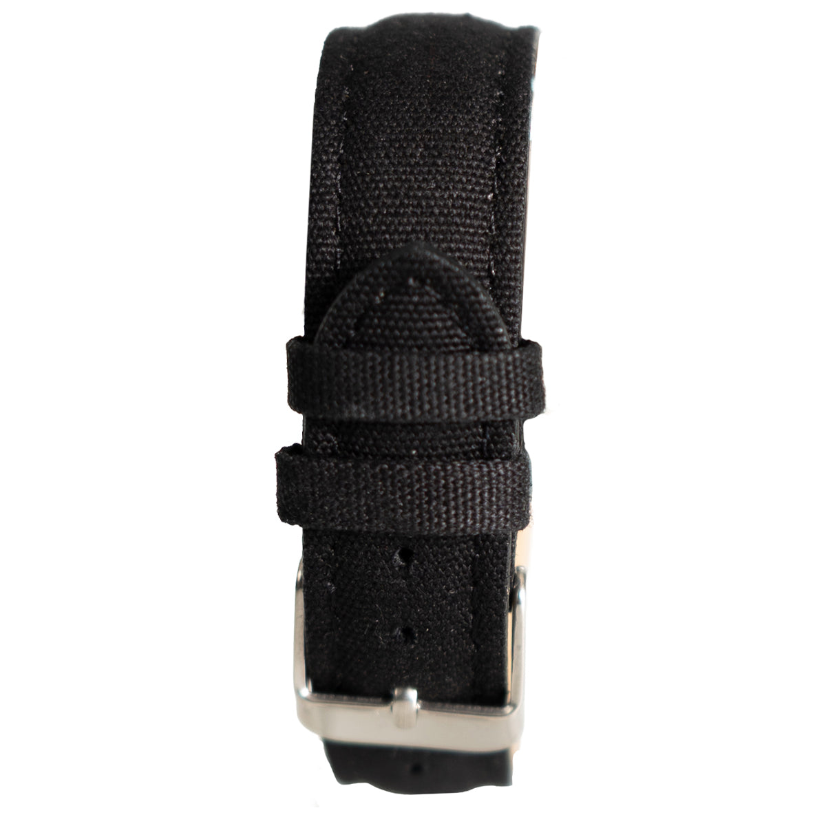 Detail of the adjustable black canvas watch strap showing the sturdy construction and metallic silver-tone pin buckle.