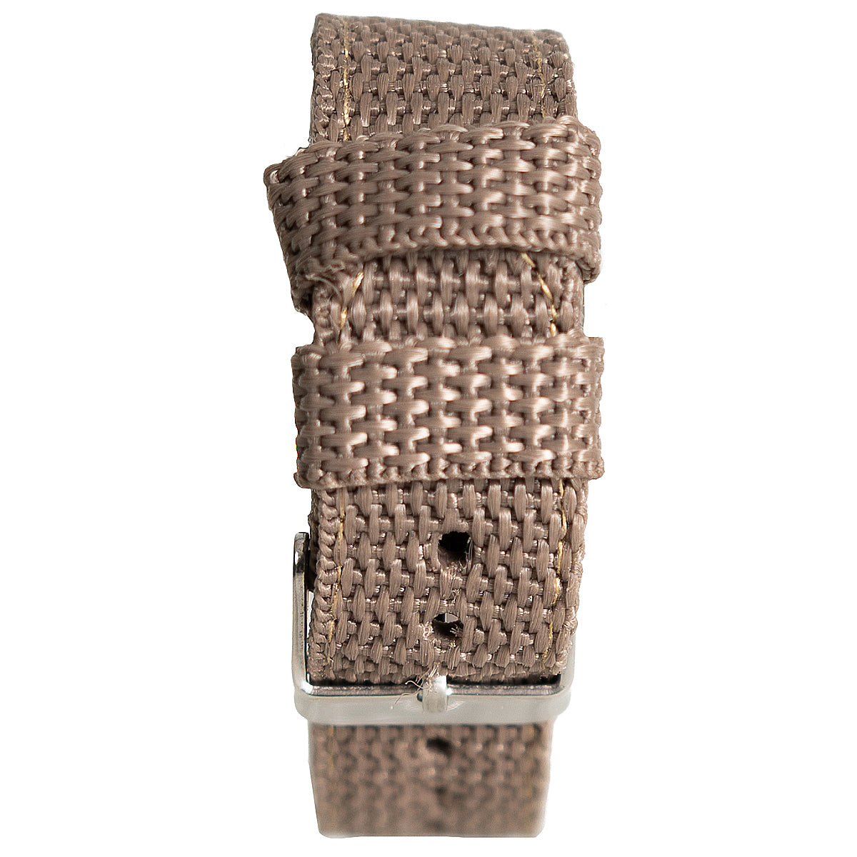 Detailed close-up of the durable brown woven canvas watch strap, showing its textured fabric and metal buckle closure.