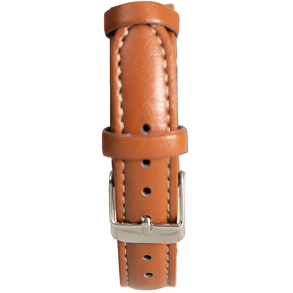 Detail view of the tan leatherette strap featuring white stitching and a polished silver pin buckle.