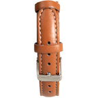 Detail view of the tan leatherette strap featuring white stitching and a polished silver pin buckle.