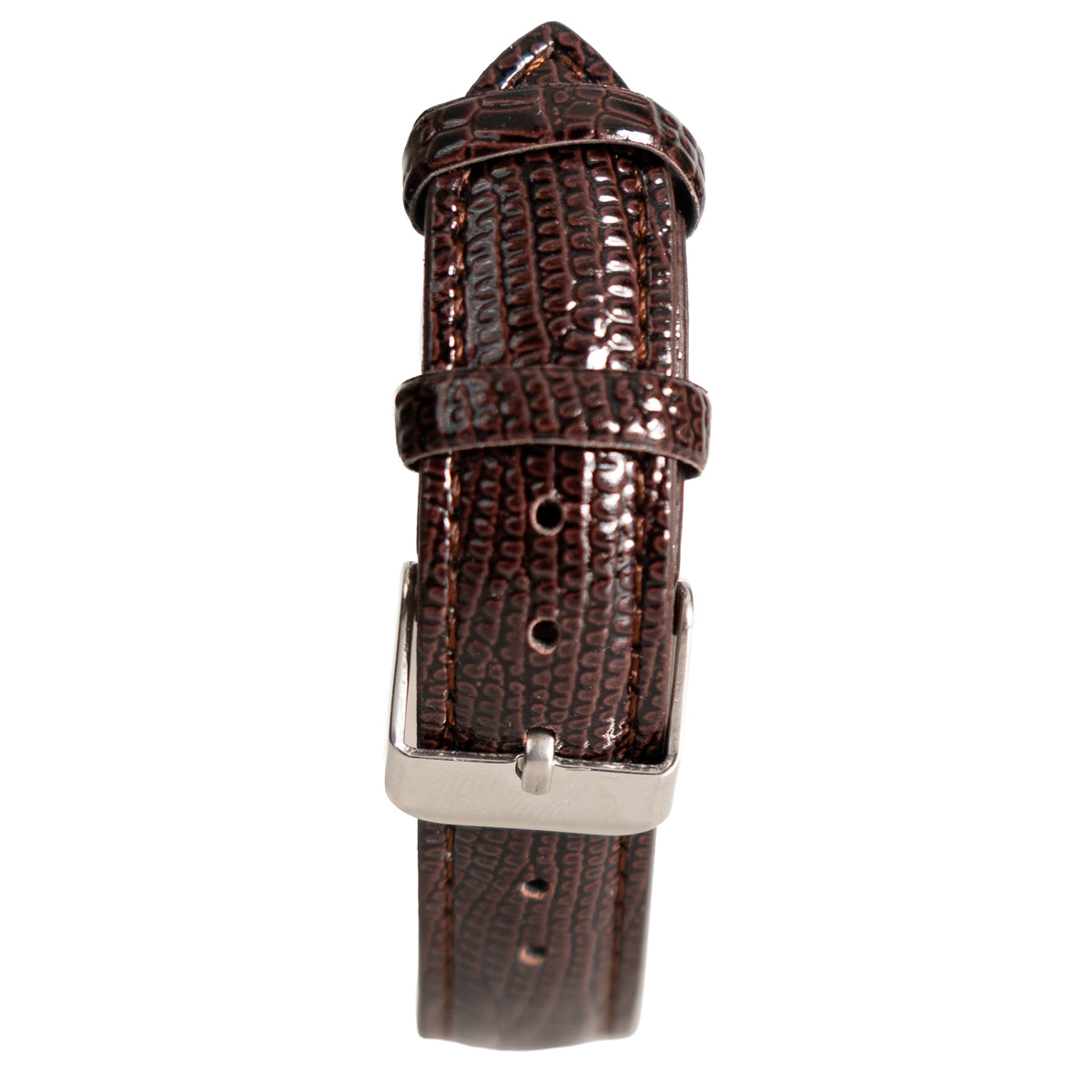 Close-up of the vintage-style brown crocodile-patterned PU leather watch strap with a polished silver-tone buckle.