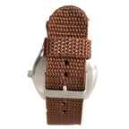 Detail shot of the durable brown woven canvas webbing strap and silver-tone buckle on the Eaglemoss naval commando timepiece.