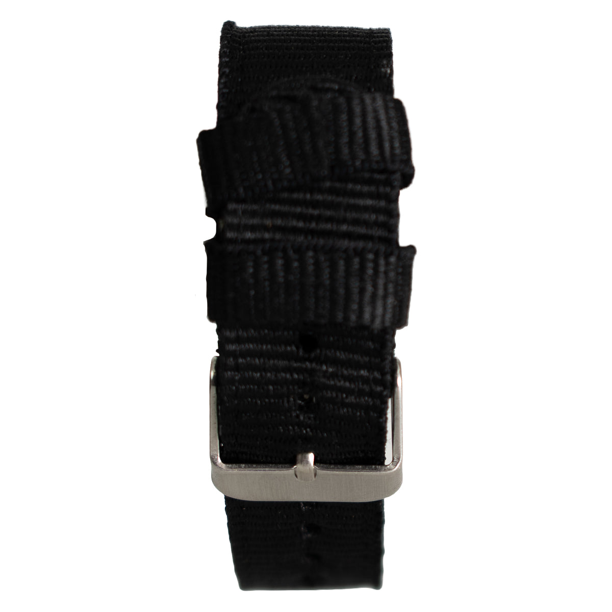 Detail view of the black durable canvas strap and metallic buckle for the seaman style timepiece.