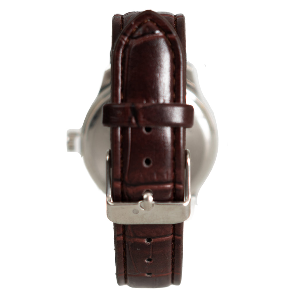 Close-up of the brown crocodile-effect leatherette watch strap featuring a secure stainless steel buckle and professional stitched detailing.