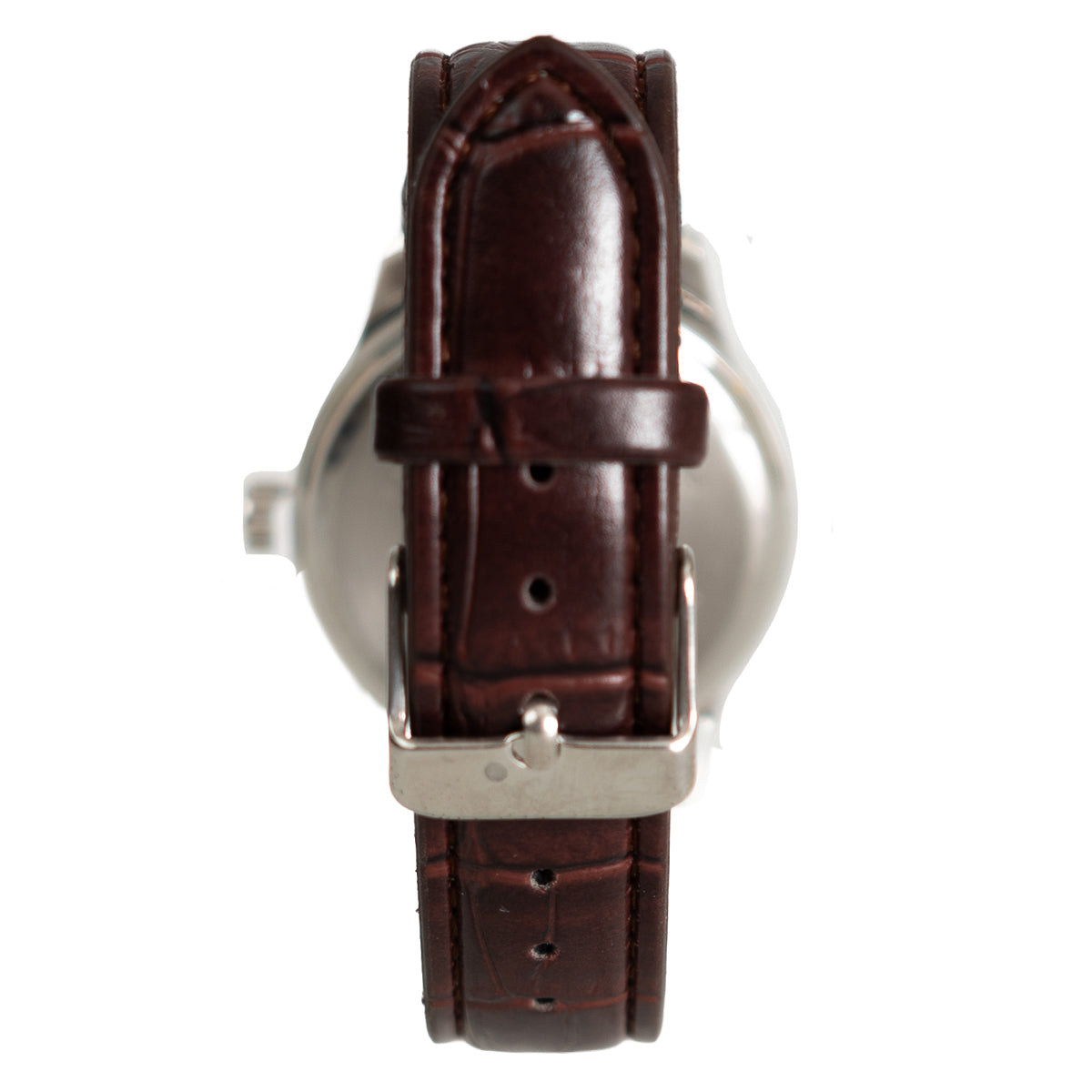 Close-up of the brown crocodile-effect leatherette watch strap featuring a secure stainless steel buckle and professional stitched detailing.