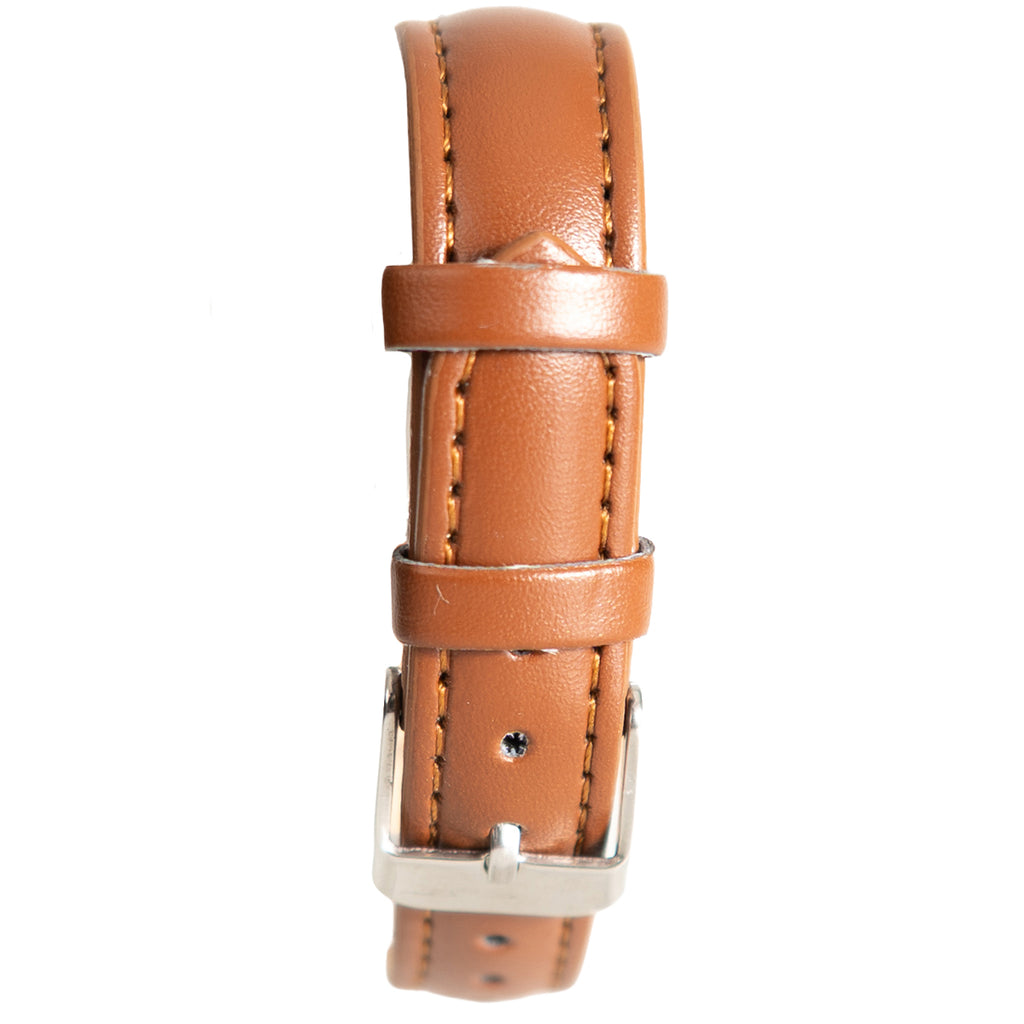 Close-up of the 16mm brown leatherette watch strap featuring stitched details and a secure silver buckle.