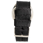 Close-up of the adjustable silver buckle on the rugged black woven nylon strap of the Eaglemoss military watch.