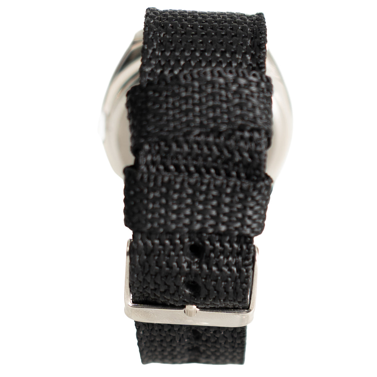 Close-up of the adjustable silver buckle on the rugged black woven nylon strap of the Eaglemoss military watch.