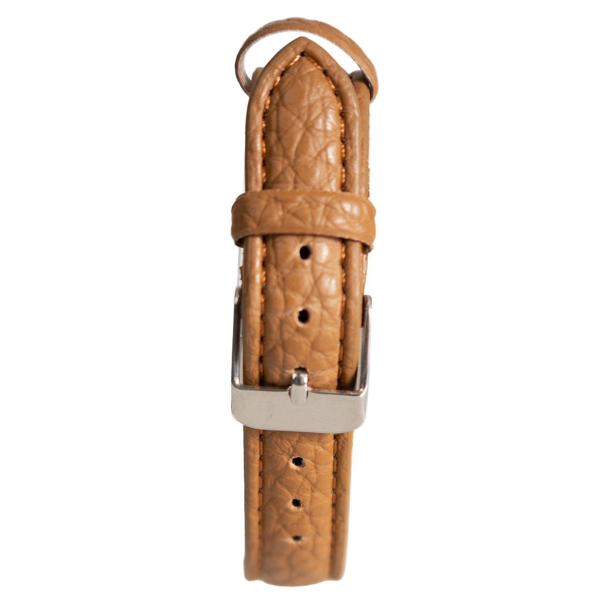 Detail view of the brown leatherette strap featuring visible stitching and a classic polished steel pin buckle closure.